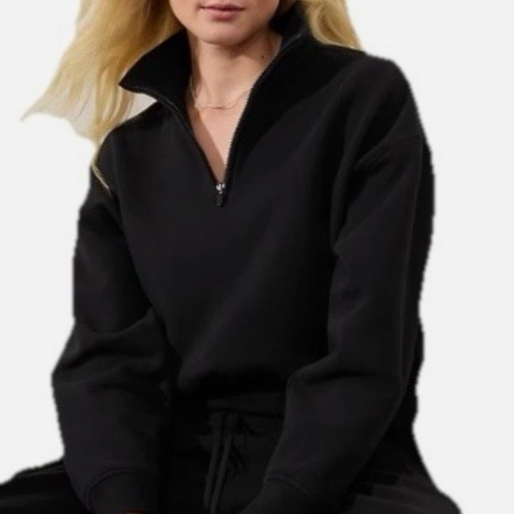 Athleta Forever Fleece Half Zip Cropped Black Boxy Casual Sweatshirt Size M